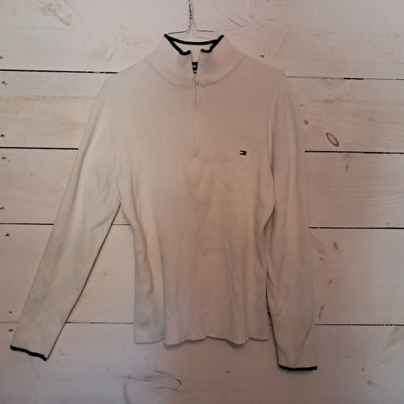 Tommy Hilfiger 1/2 Zip White/Ivory Cotton Knit Sweater Half Zip Mock Neck - Picture 1 of 7